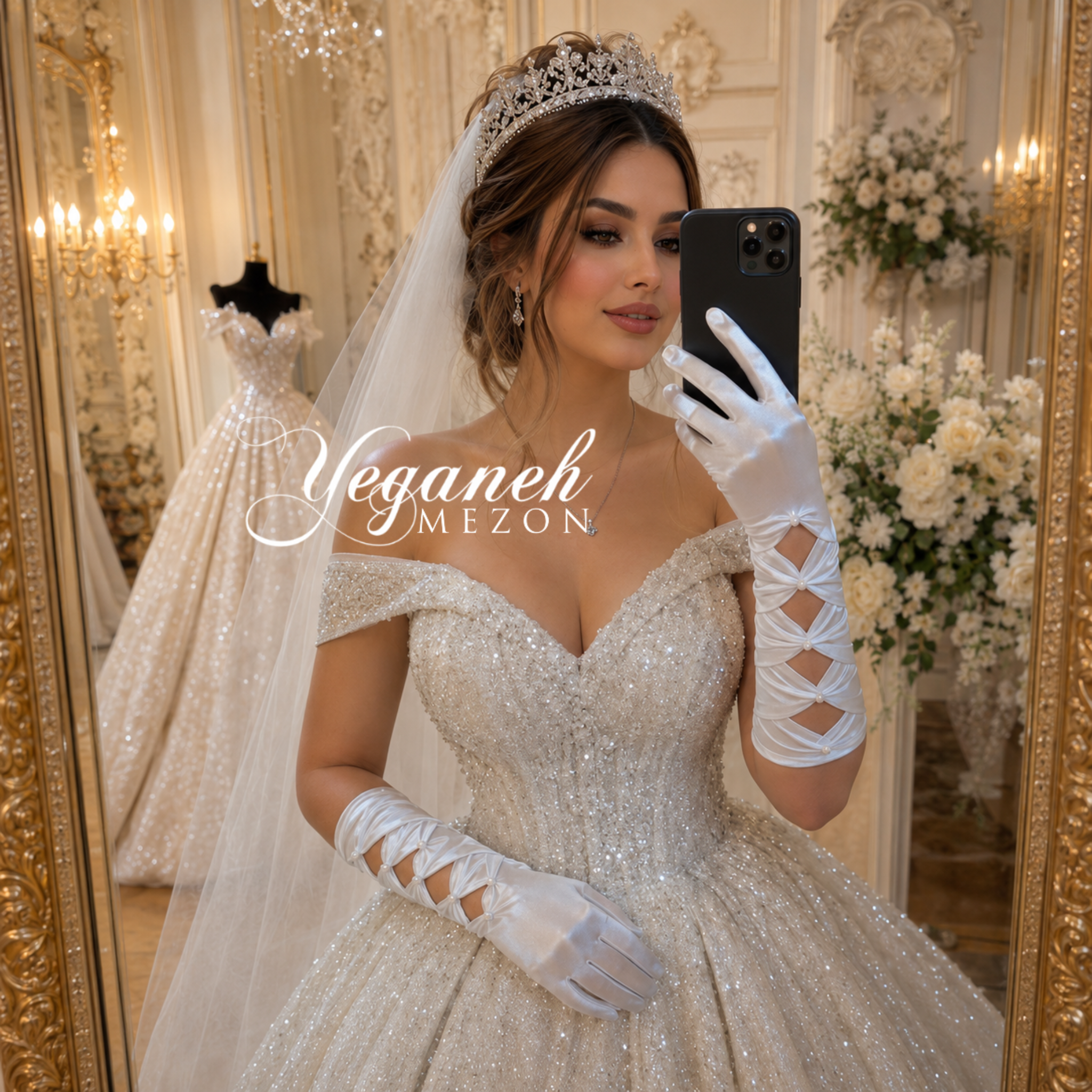 دستکش عروس ساتن سفید مدل پاپیونی مرواریدی