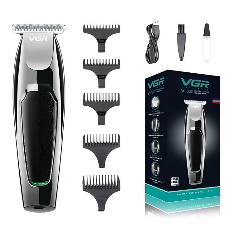 ماشین اصلاح موی صورت وی جی ار مدل V-030 با تیغه استیل ضد زنگ، 5 شانه، امکان شارژ سریع و منبع تغذیه برق و باتری